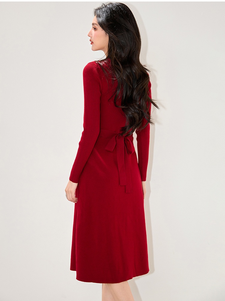 Red long sleeve hollow dress slim halter long sweater