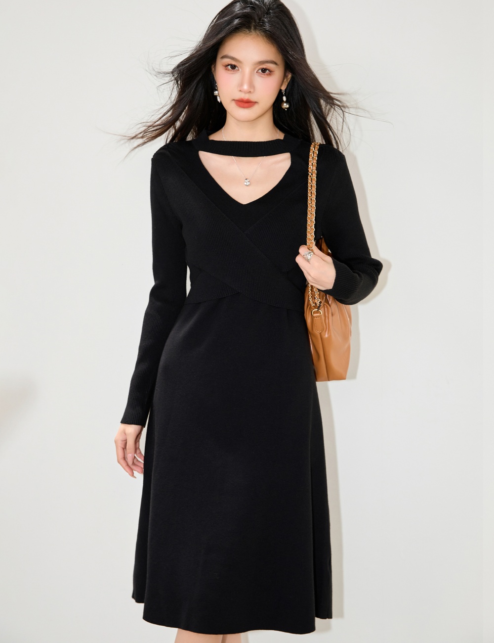 Halter slim dress temperament V-neck sweater dress for women