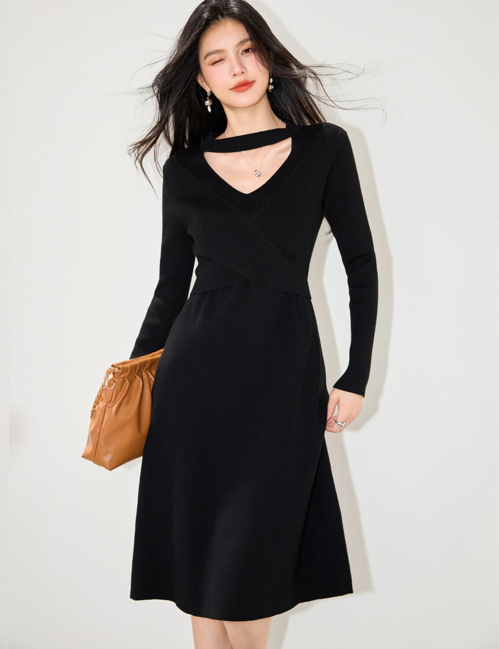 Halter slim dress temperament V-neck sweater dress for women