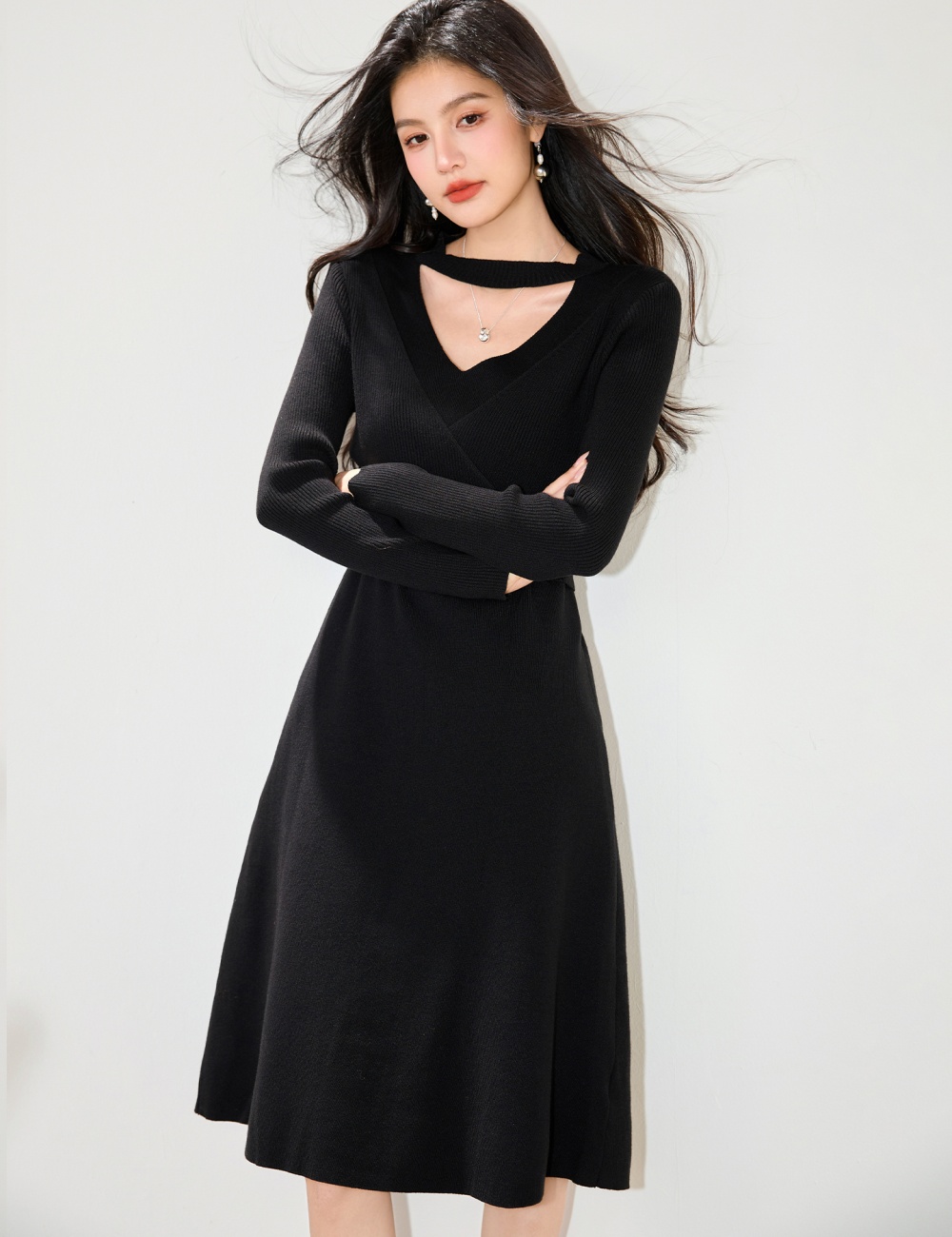 Halter slim dress temperament V-neck sweater dress for women