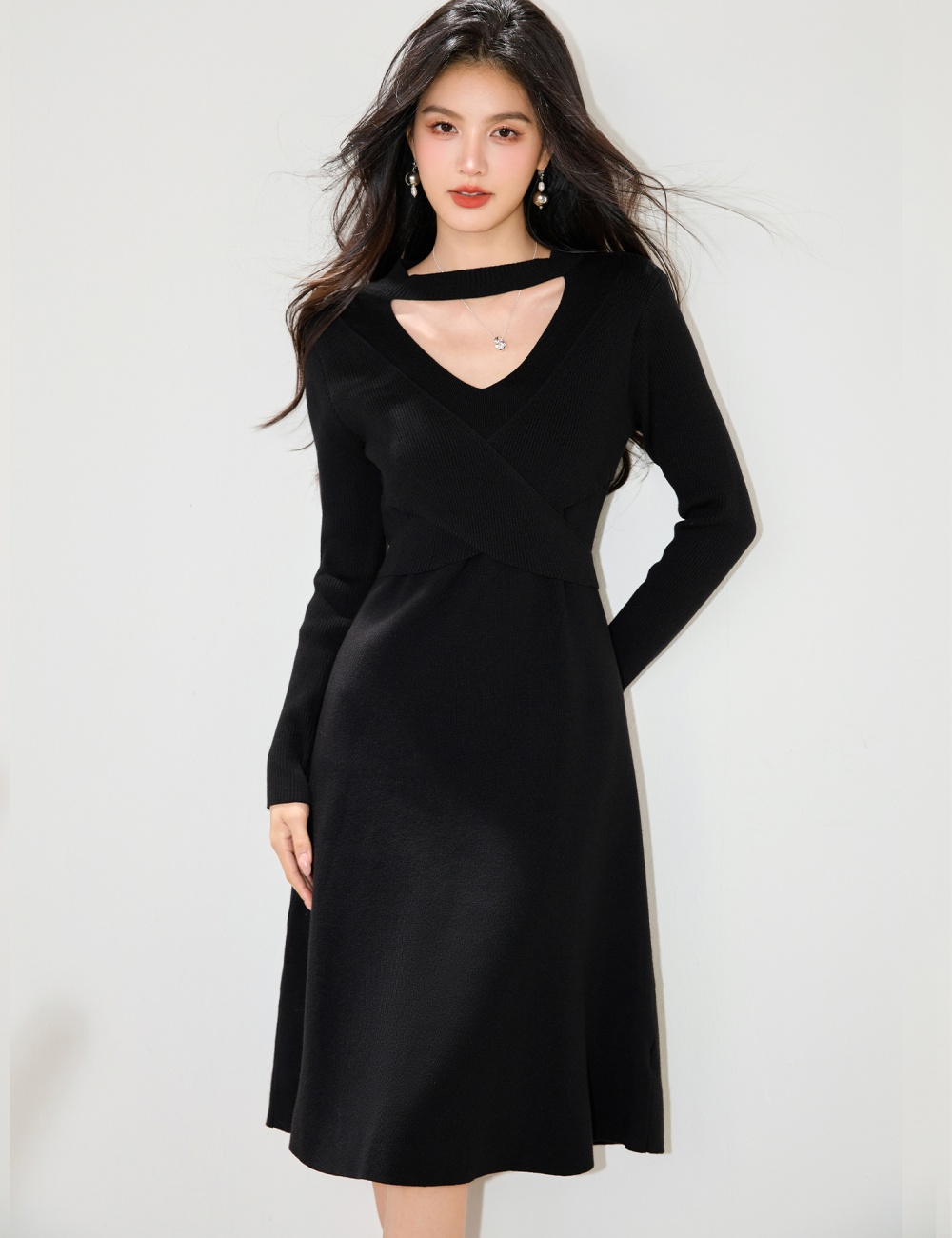 Halter slim dress temperament V-neck sweater dress for women