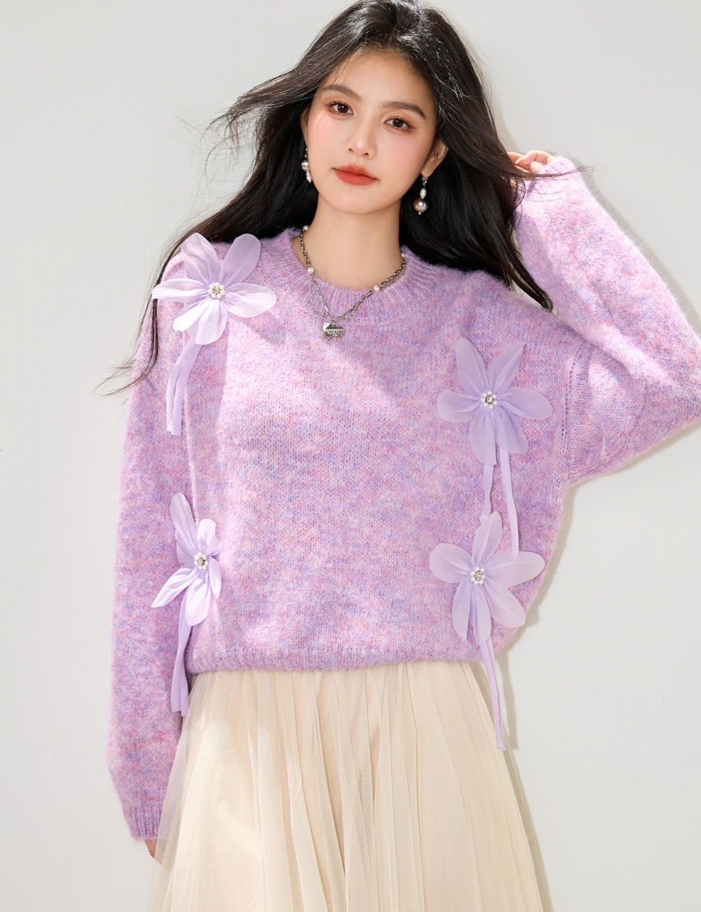 Flowers autumn sweater France style knitted tops for women