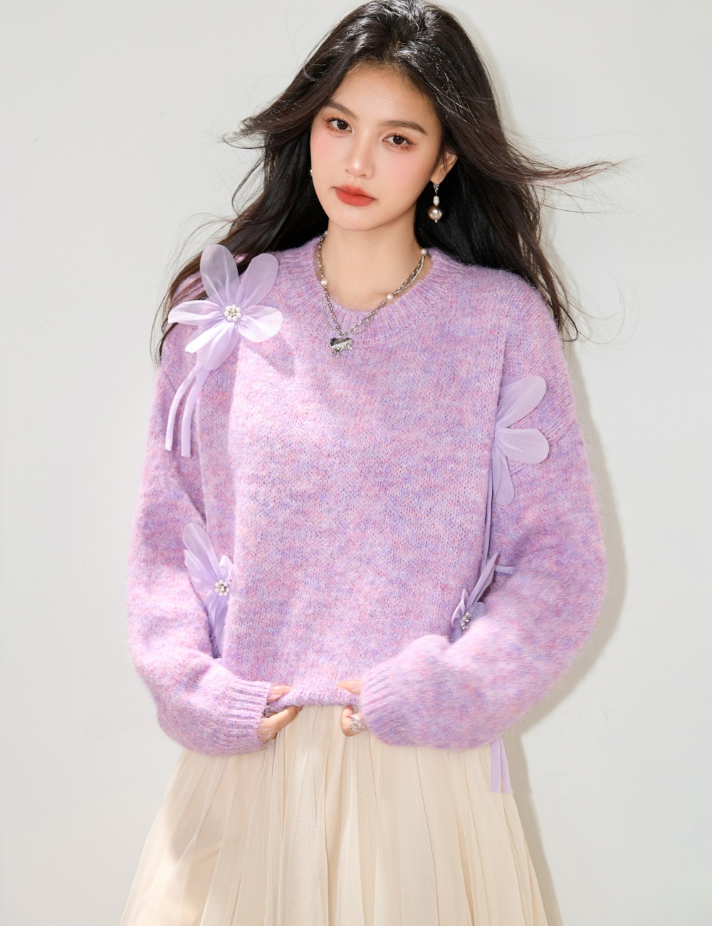 Flowers autumn sweater France style knitted tops for women