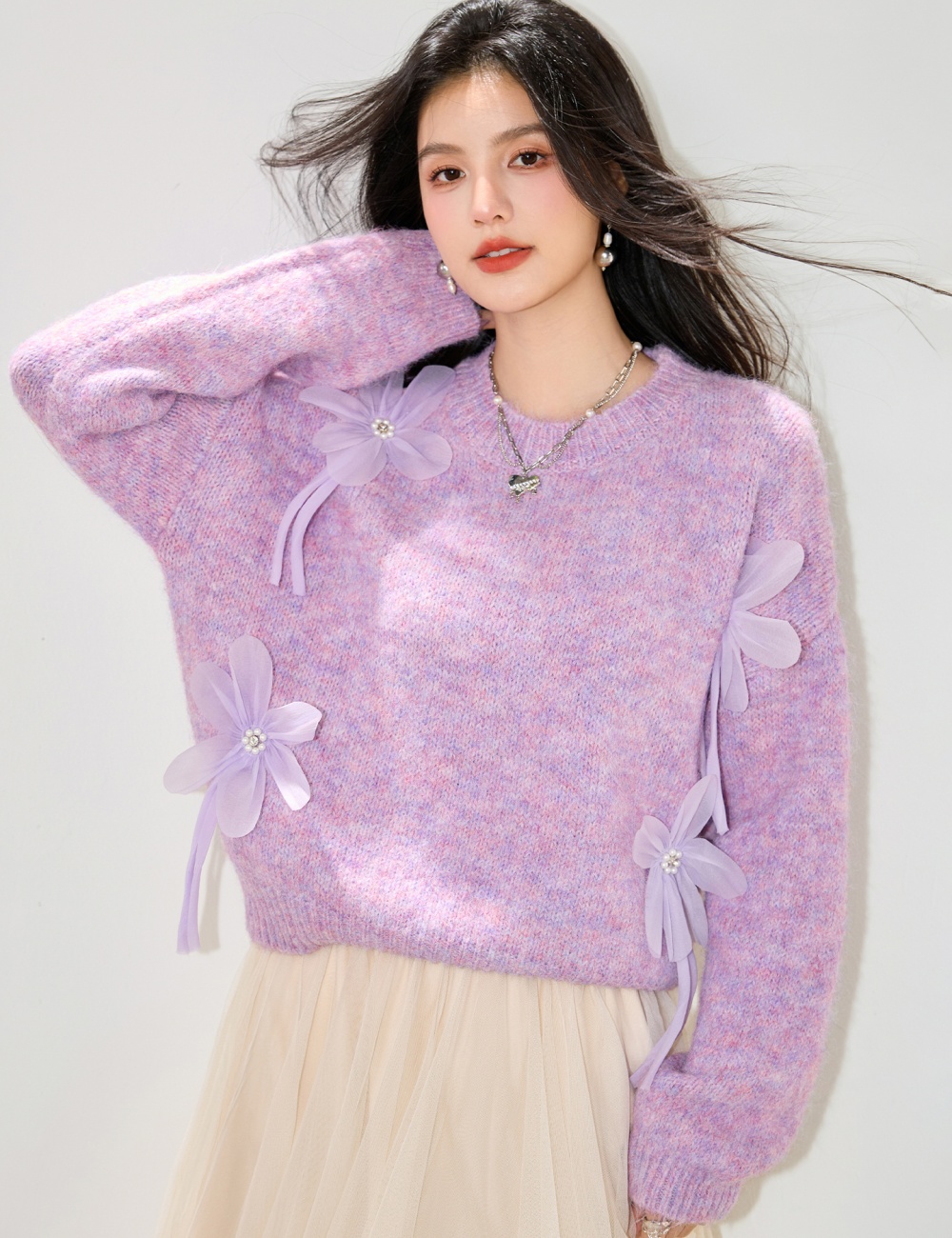 Flowers autumn sweater France style knitted tops for women