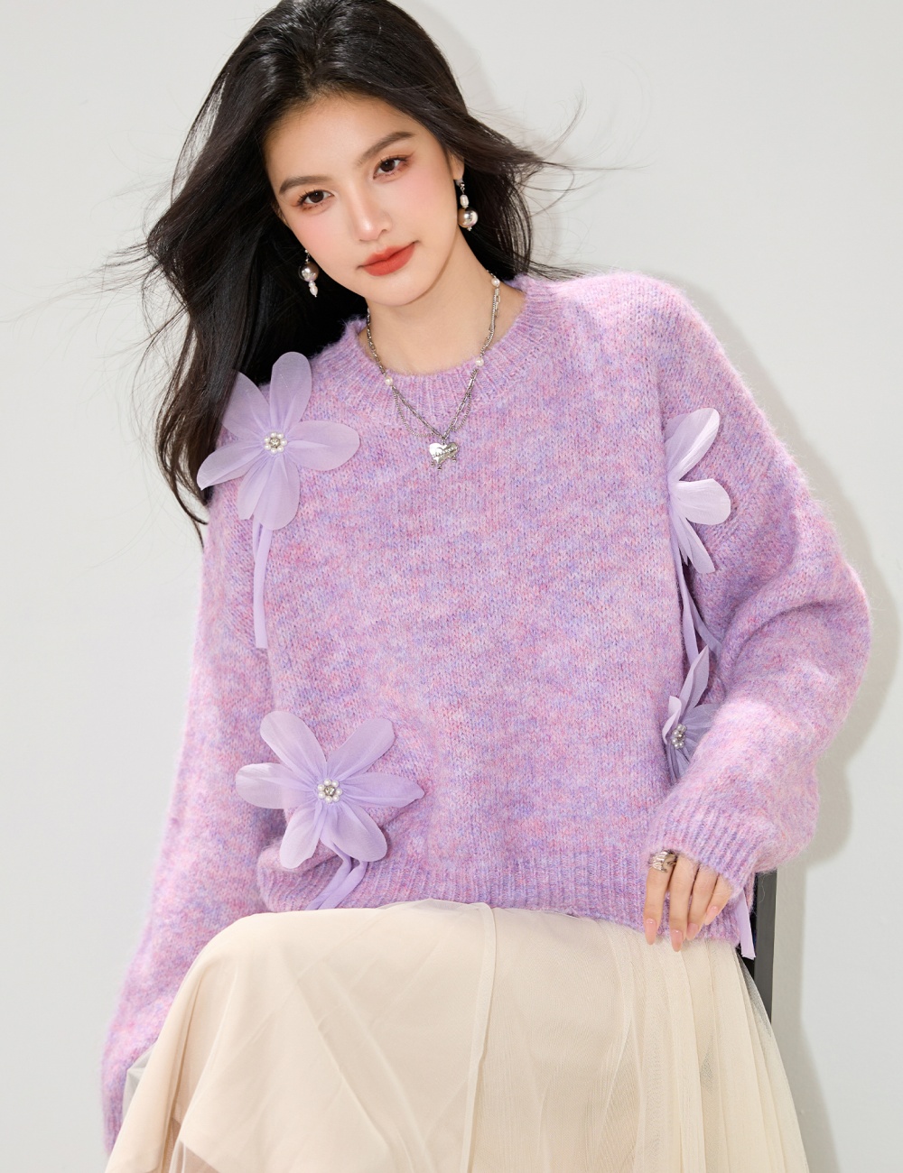Flowers autumn sweater France style knitted tops for women