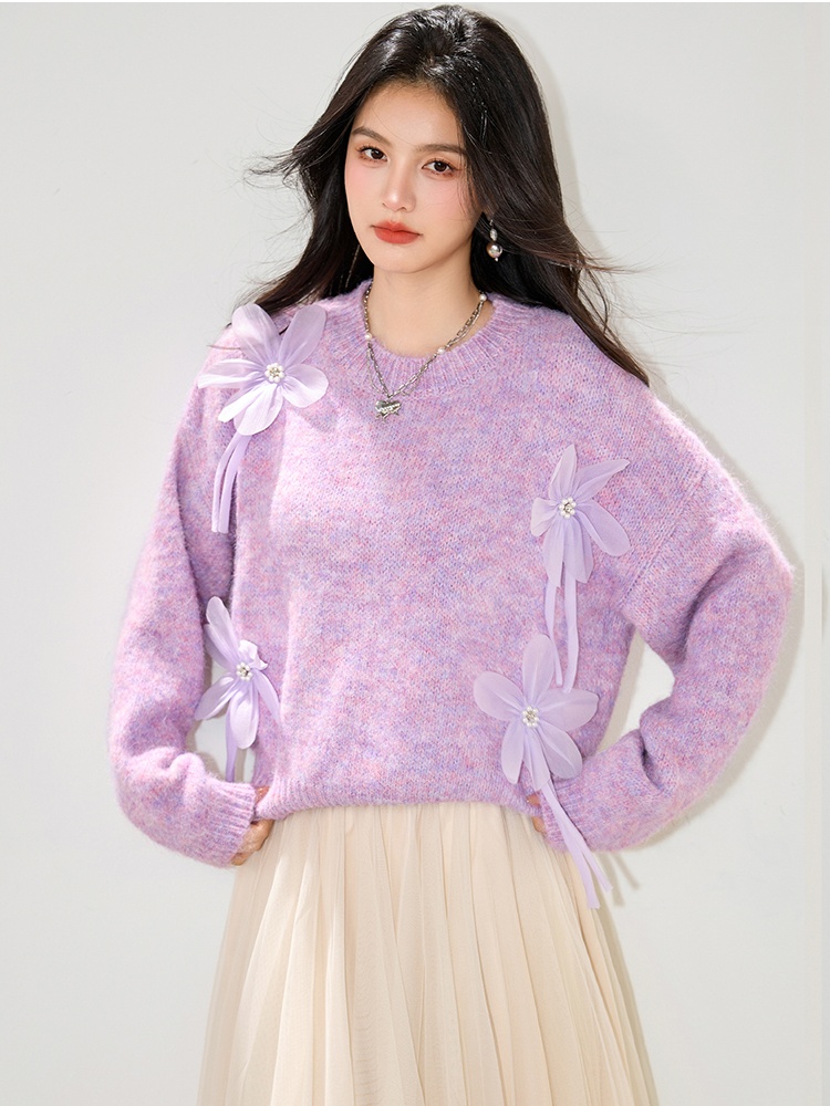 Flowers autumn sweater France style knitted tops for women