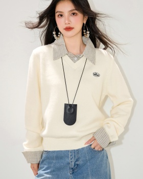 Plaid college style sweater splice tops for women