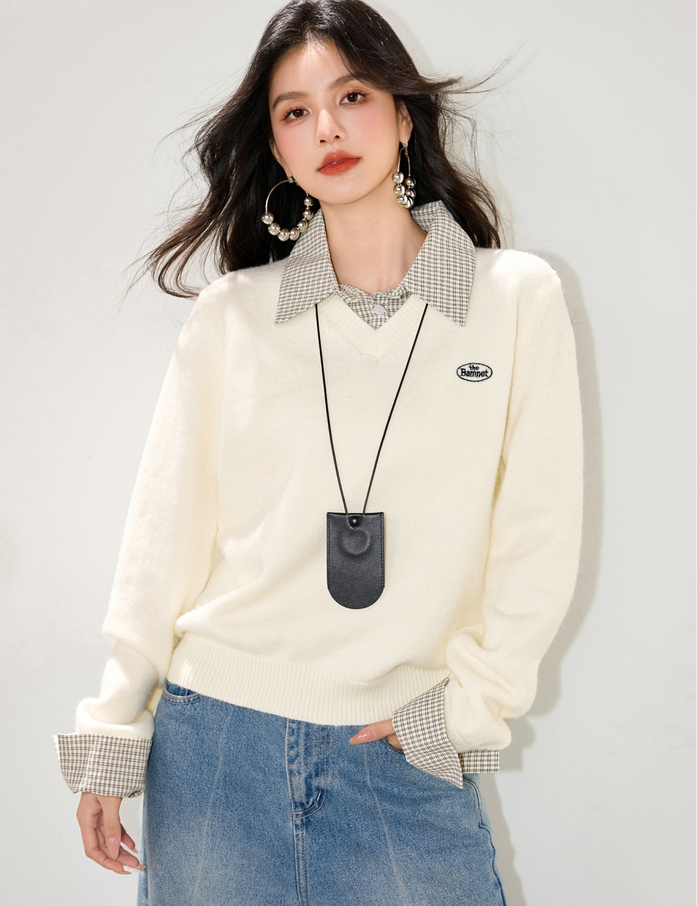 Plaid college style sweater splice tops for women