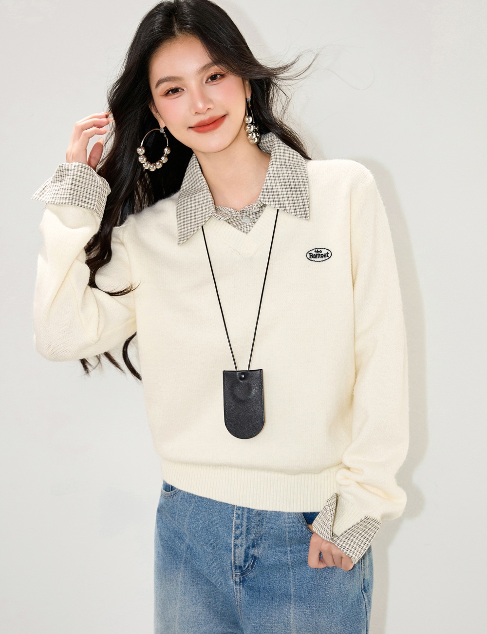 Plaid college style sweater splice tops for women