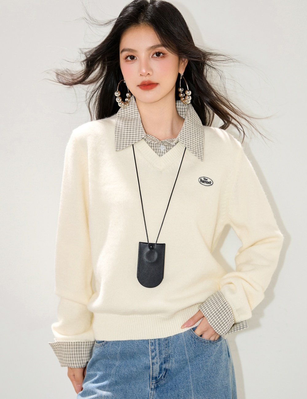 Plaid college style sweater splice tops for women