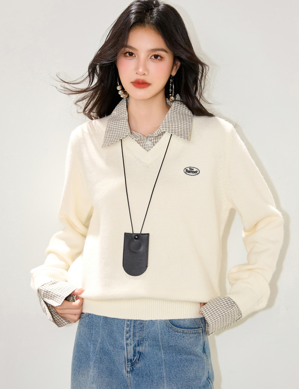 Plaid college style sweater splice tops for women