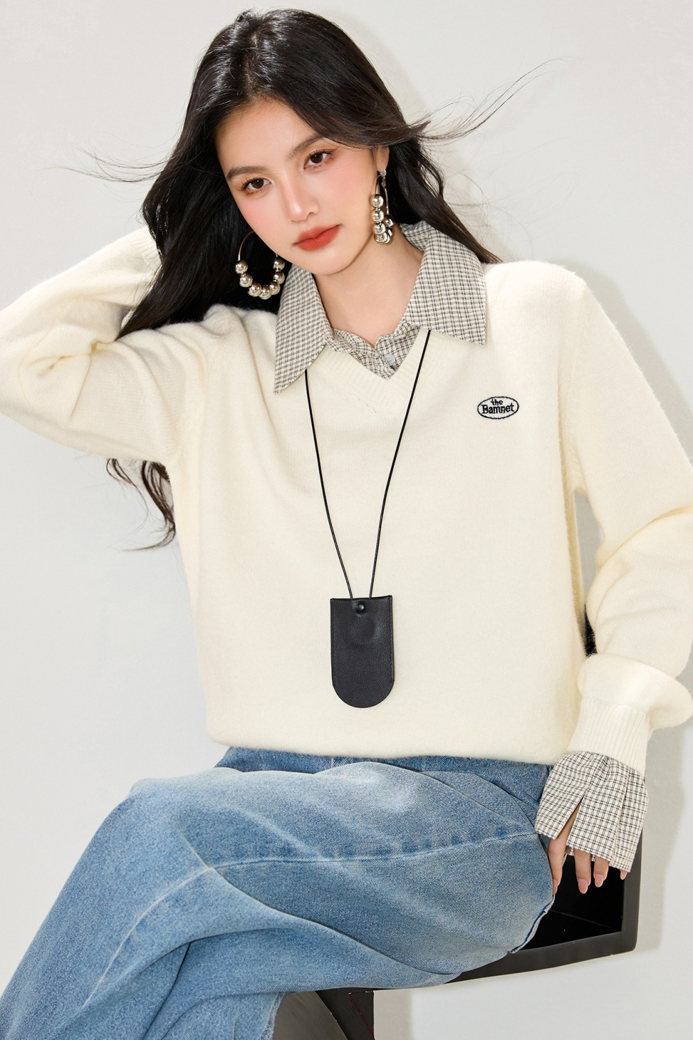 Plaid college style sweater splice tops for women