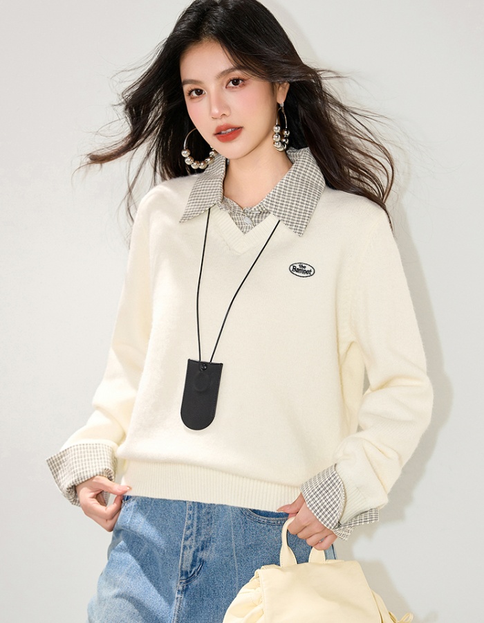 Plaid college style sweater splice tops for women