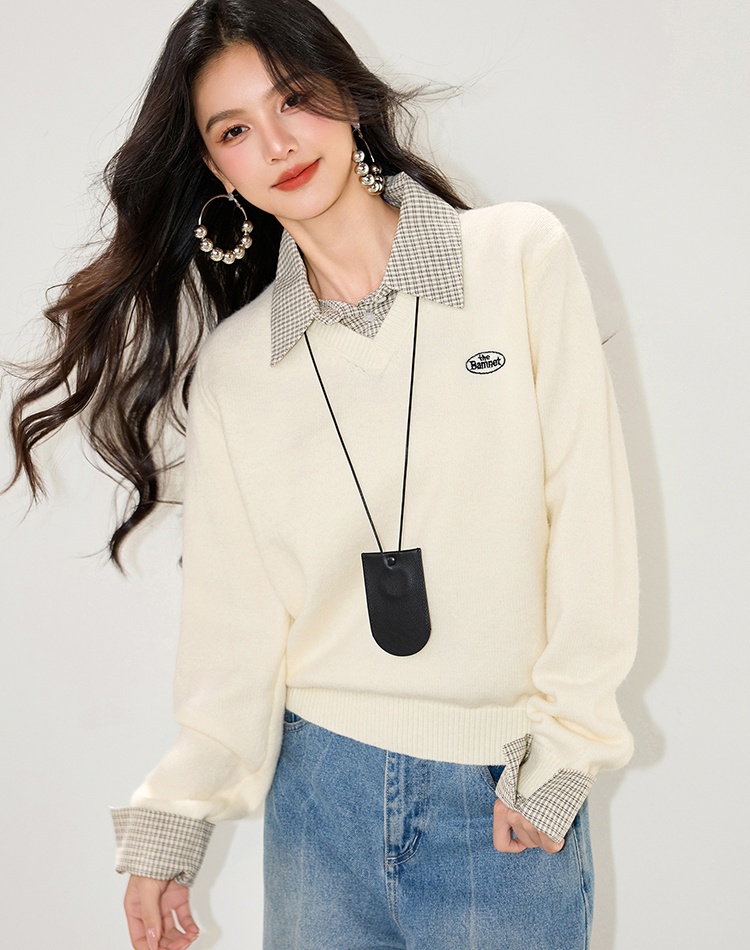 Plaid college style sweater splice tops for women