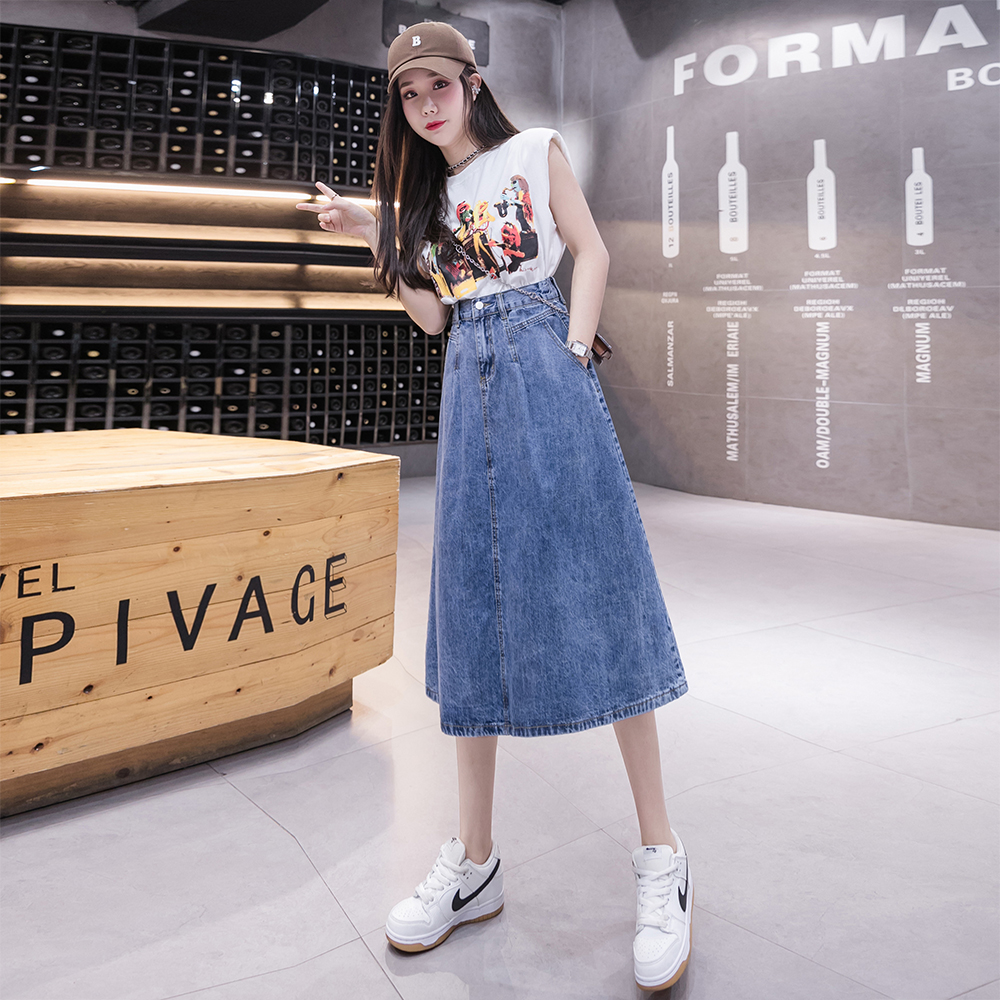 High waist denim skirt commuting long skirt for women
