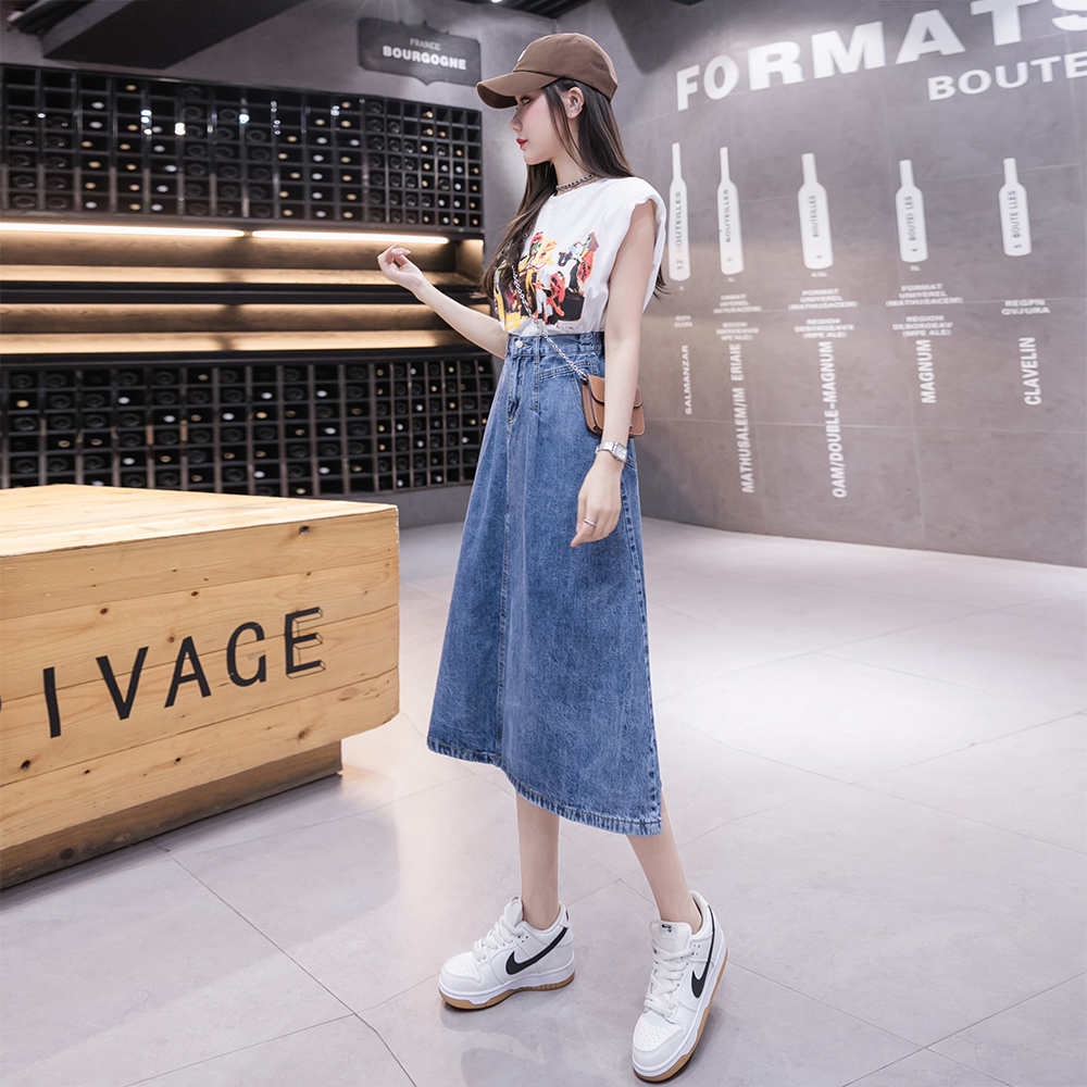 High waist denim skirt commuting long skirt for women