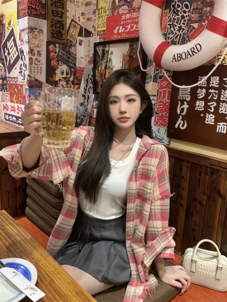Tassels retro lazy plaid sueding mixed colors shirt