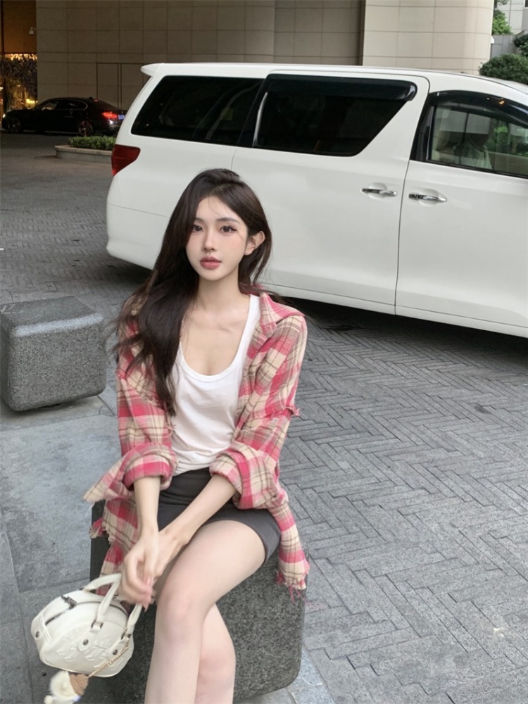 Tassels retro lazy plaid sueding mixed colors shirt