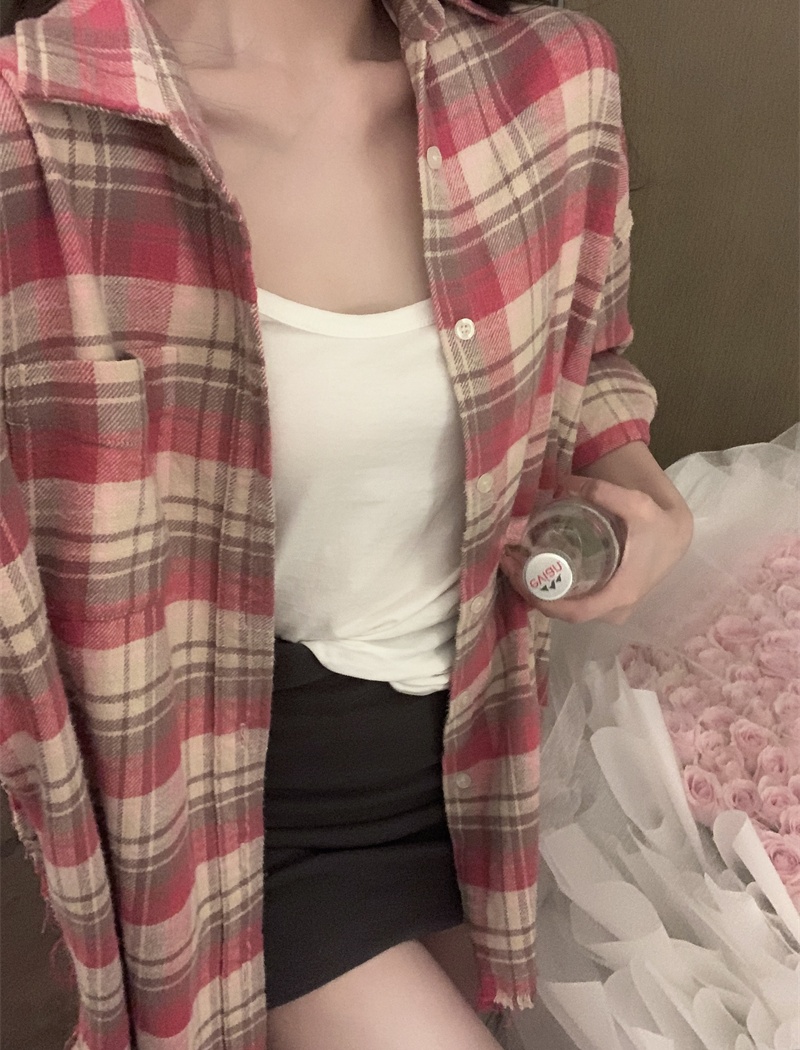 Tassels retro lazy plaid sueding mixed colors shirt