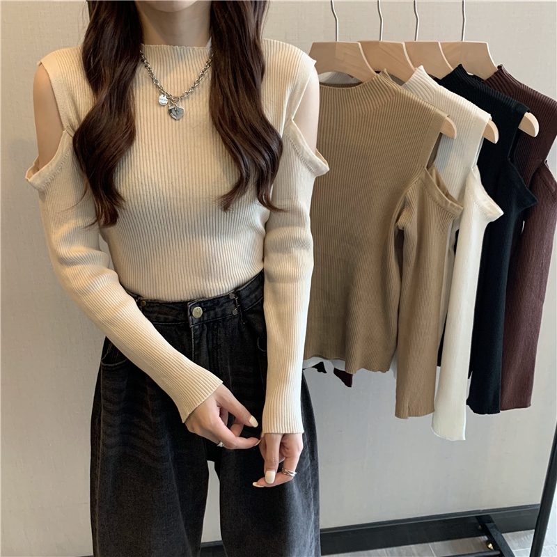 Autumn long sleeve knitted pure slim half high collar tops