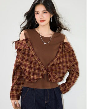 Retro knitted shirt plaid Pseudo-two tops
