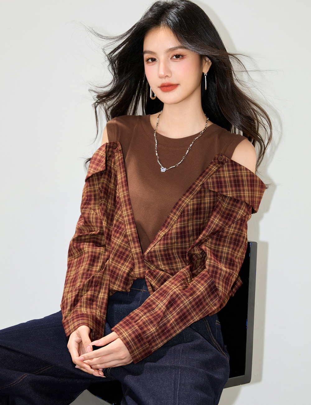 Retro knitted shirt plaid Pseudo-two tops
