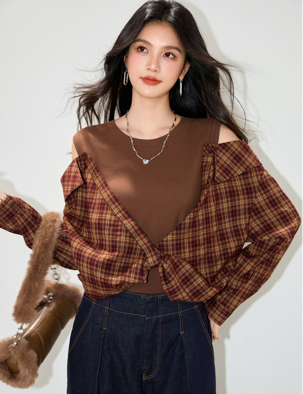 Retro knitted shirt plaid Pseudo-two tops