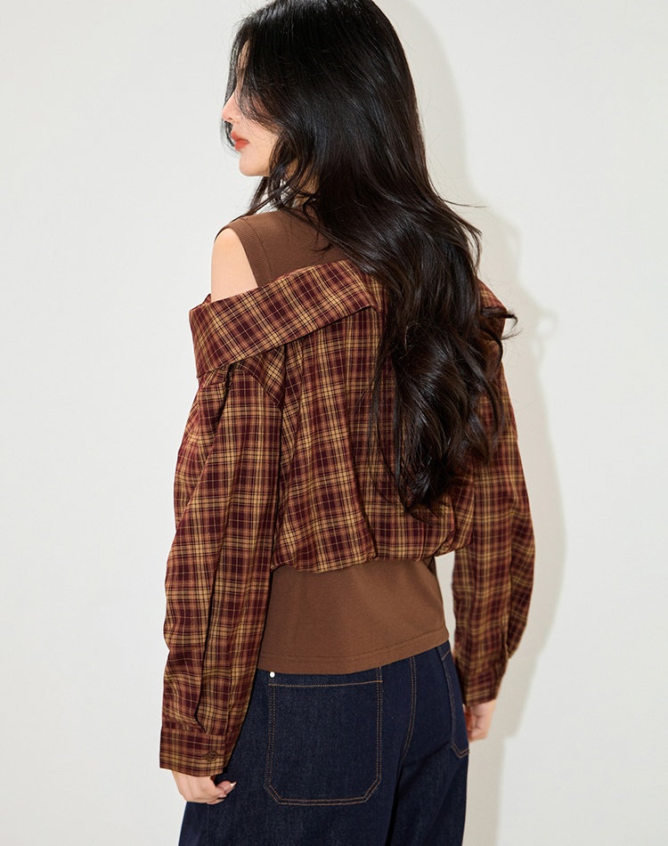 Retro knitted shirt plaid Pseudo-two tops