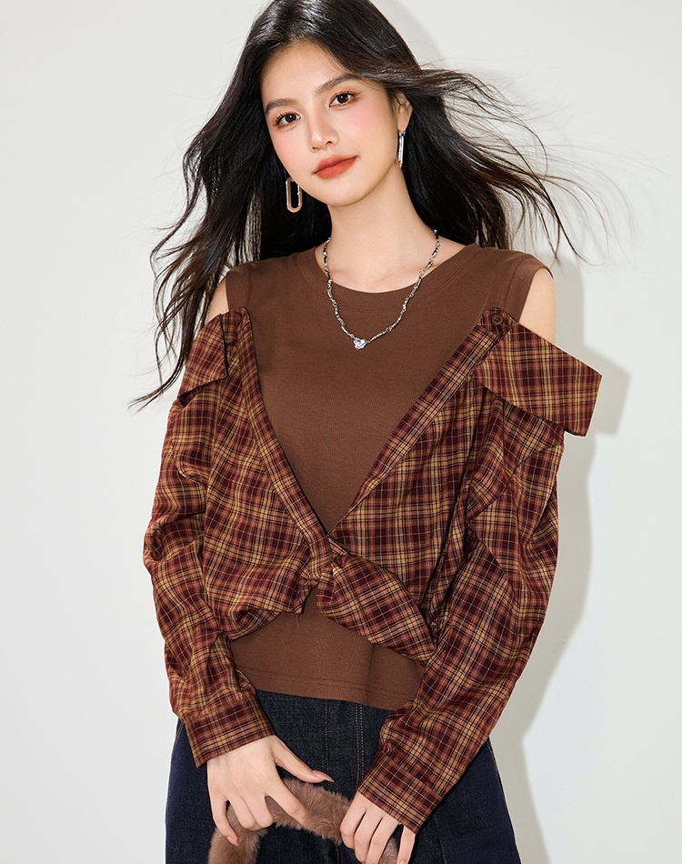 Retro knitted shirt plaid Pseudo-two tops