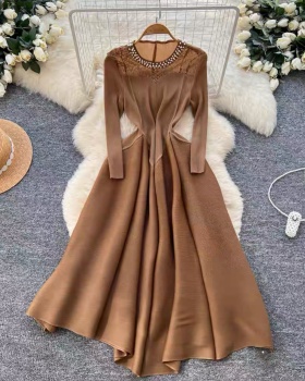 High waist European style fold beading lace splice dress