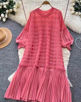 Hollow fold dress lantern sleeve long dress