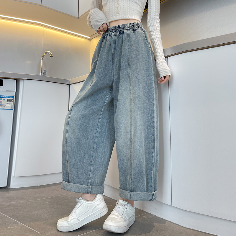 Pure cotton straight nine tenths harem light-blue pants