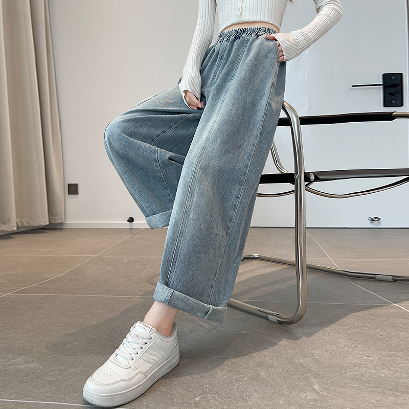 Pure cotton straight nine tenths harem light-blue pants