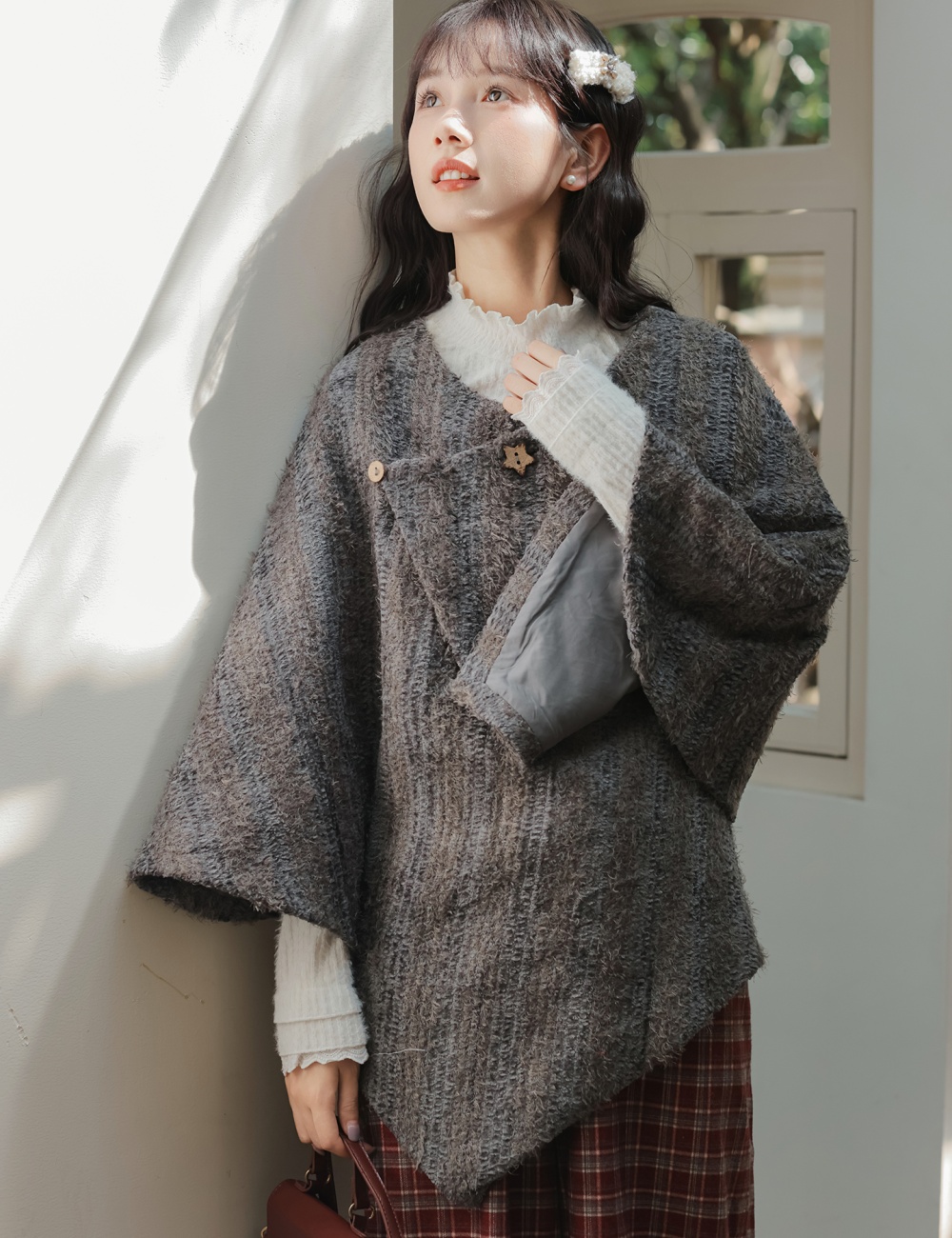 Temperament tender shawl gray loose cloak for women