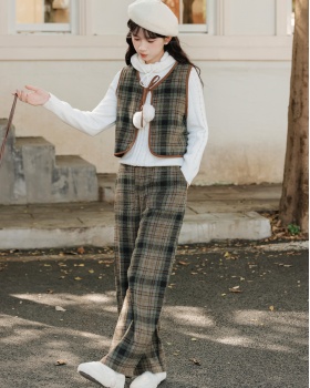Frenum retro bow vest plaid lazy waistcoat 3pcs set