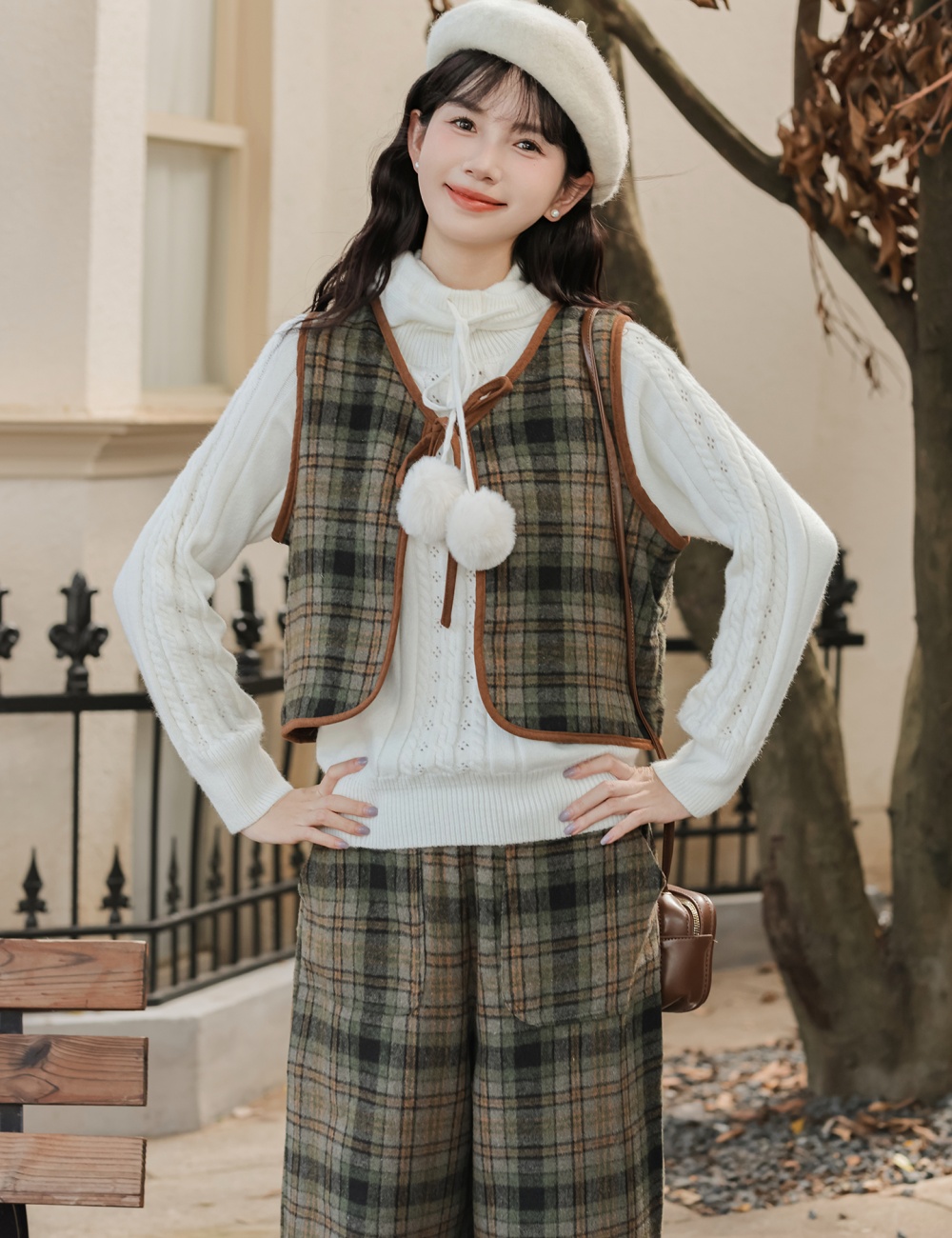 Frenum retro bow vest plaid lazy waistcoat 3pcs set