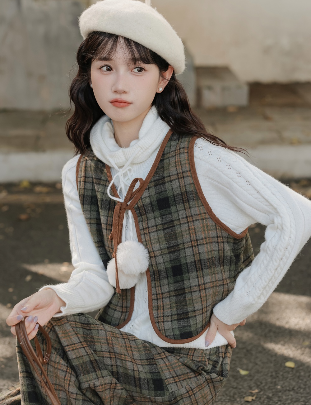 Frenum retro bow vest plaid lazy waistcoat 3pcs set