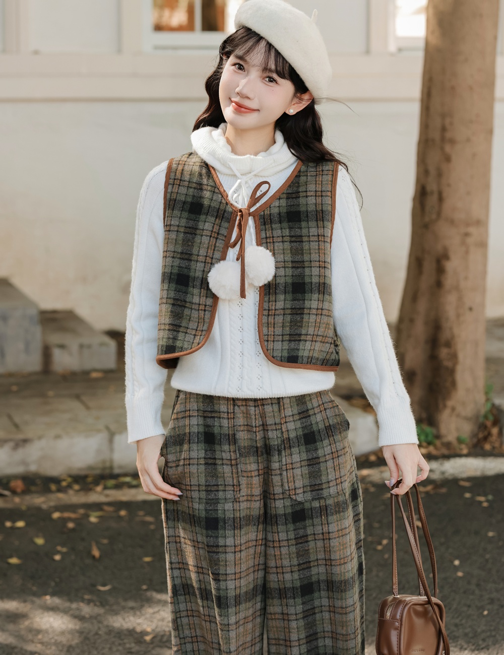 Frenum retro bow vest plaid lazy waistcoat 3pcs set