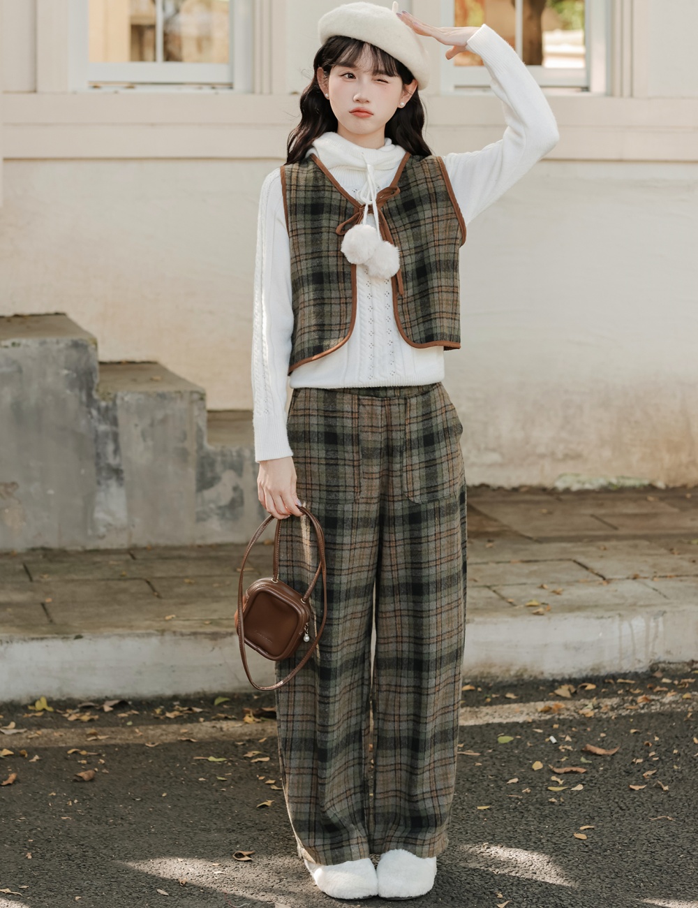 Frenum retro bow vest plaid lazy waistcoat 3pcs set