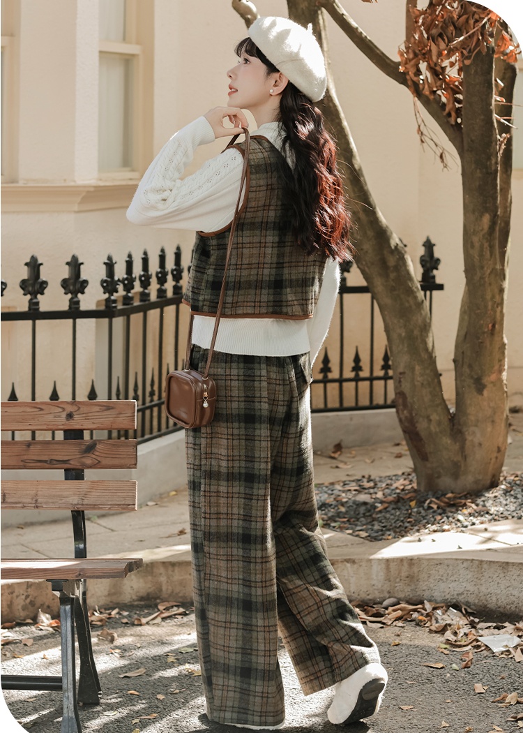 Frenum retro bow vest plaid lazy waistcoat 3pcs set