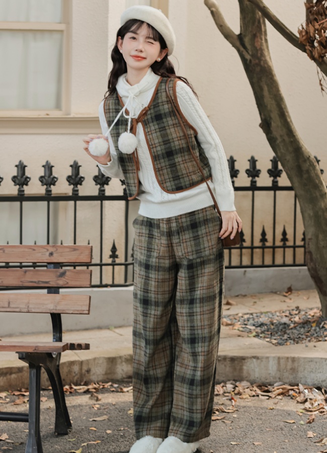 Frenum retro bow vest plaid lazy waistcoat 3pcs set