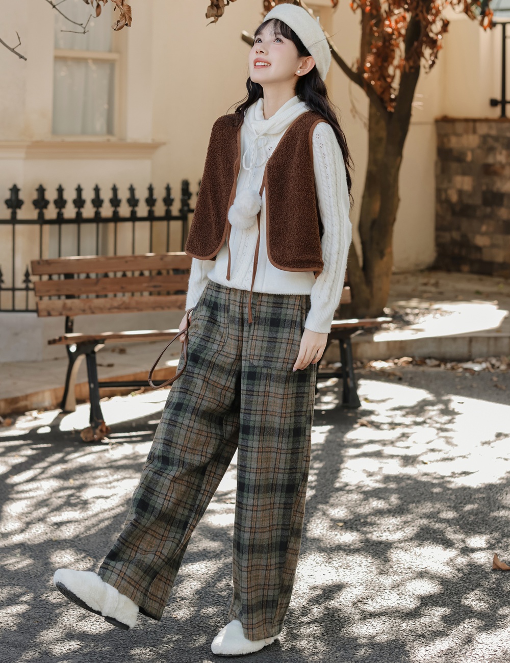 Frenum retro bow vest plaid lazy waistcoat 3pcs set