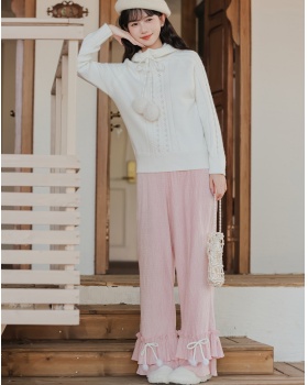 Wood ear straight casual pants lace sweater a set for women