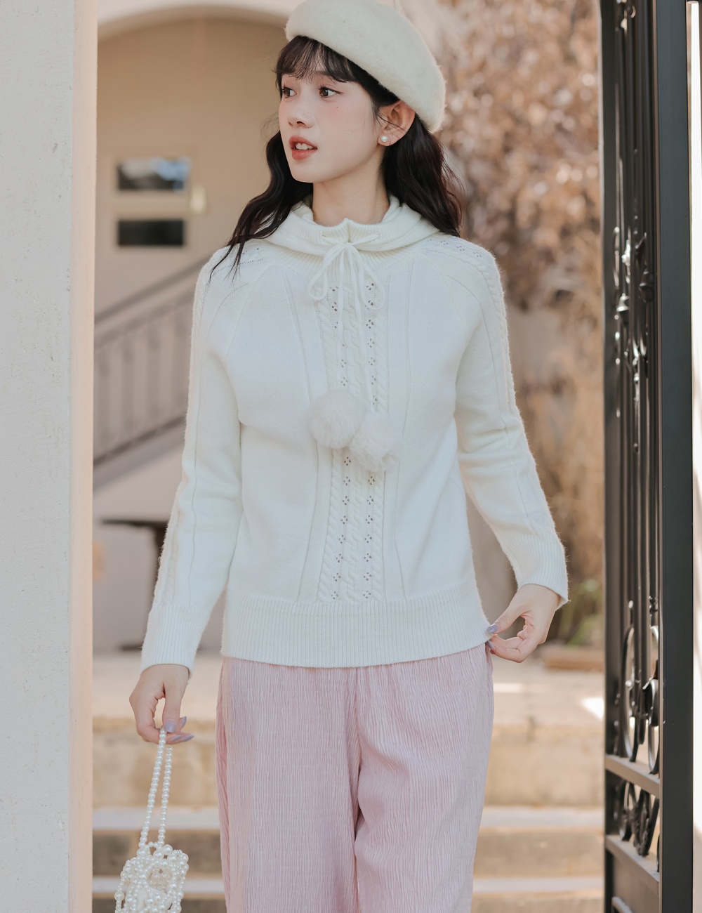 Wood ear straight casual pants lace sweater a set for women