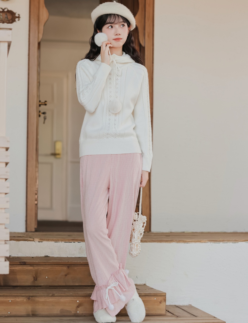 Wood ear straight casual pants lace sweater a set for women