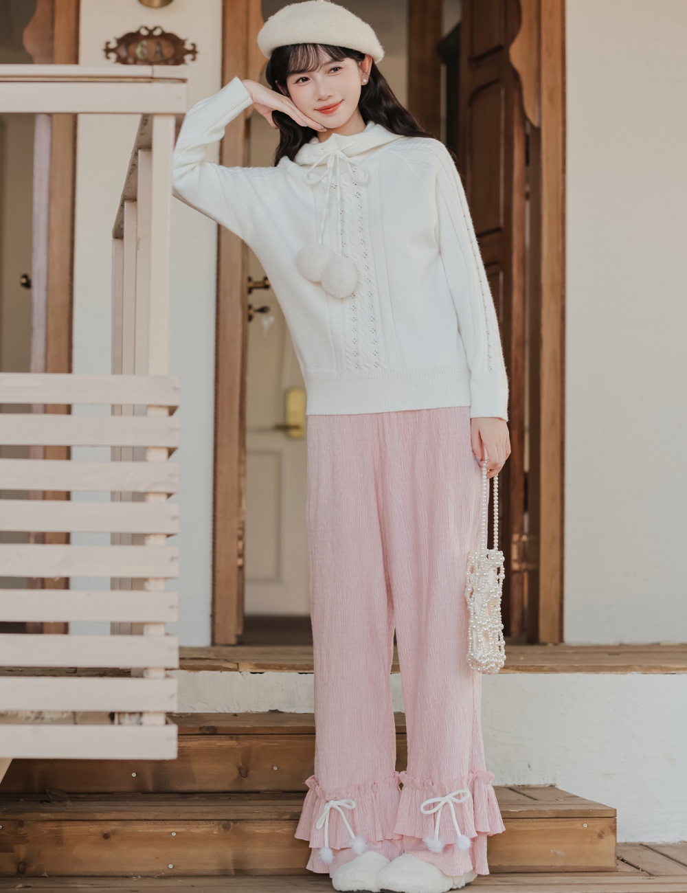 Wood ear straight casual pants lace sweater a set for women