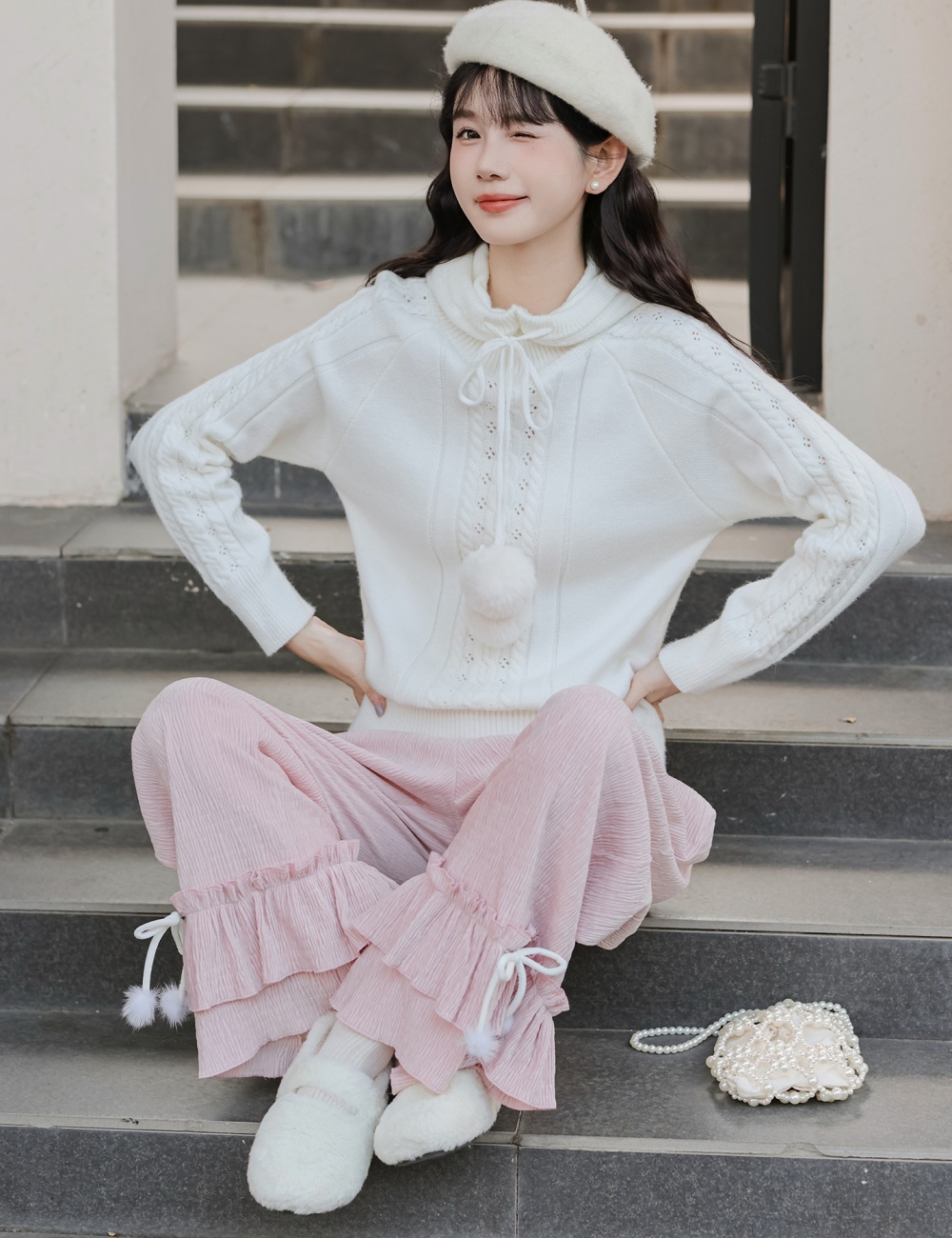 Wood ear straight casual pants lace sweater a set for women