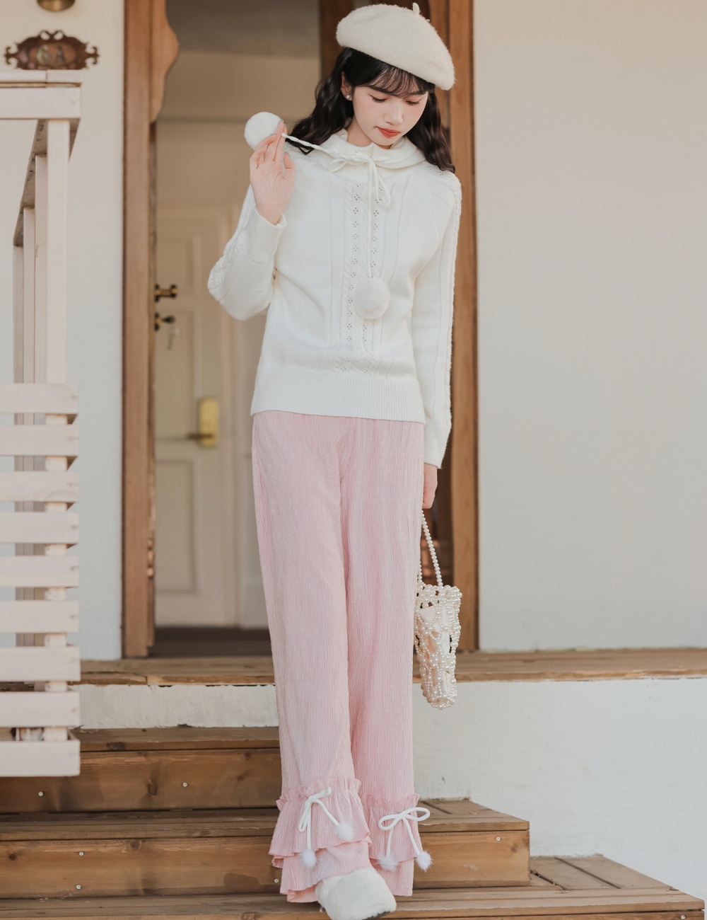 Wood ear straight casual pants lace sweater a set for women