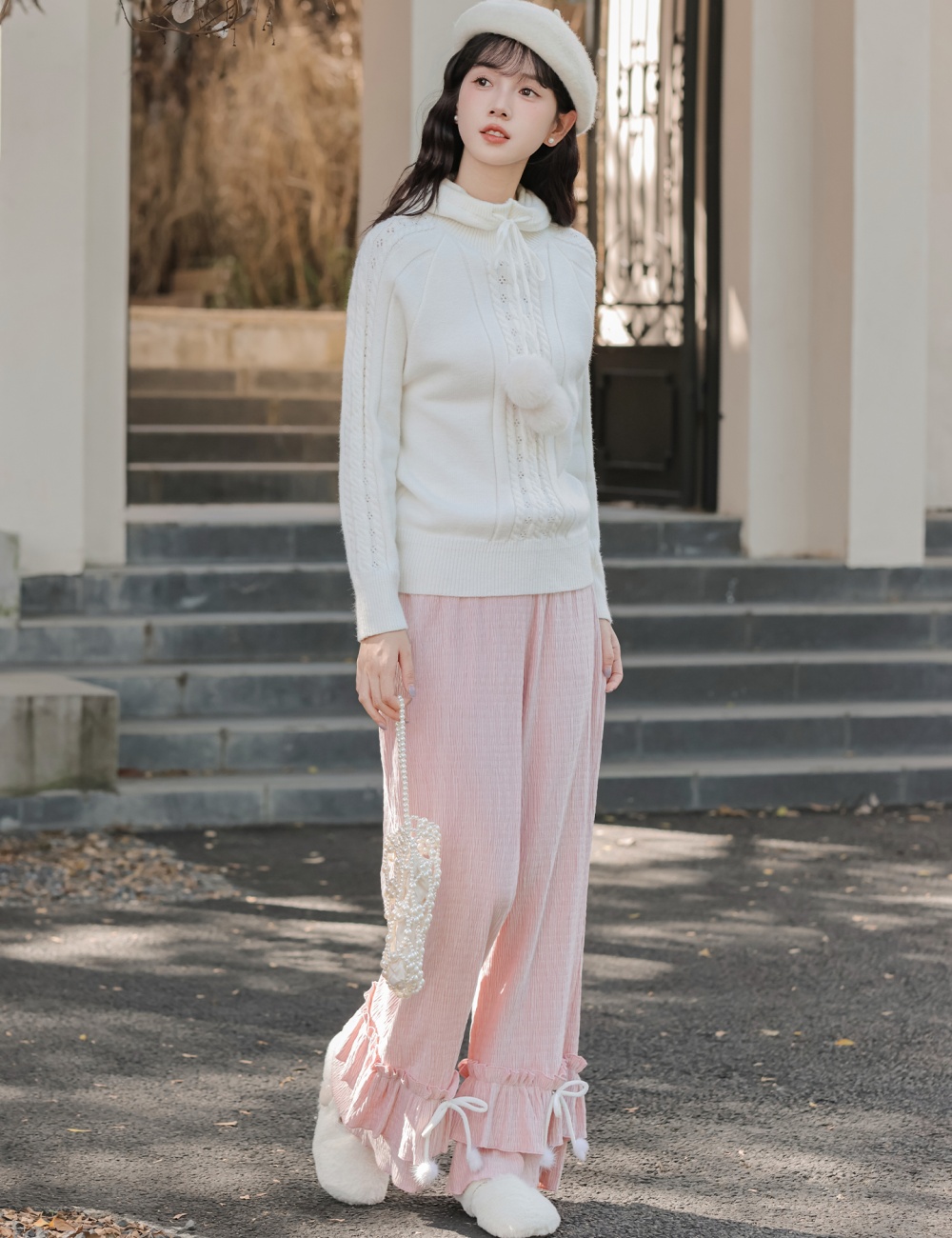 Wood ear straight casual pants lace sweater a set for women