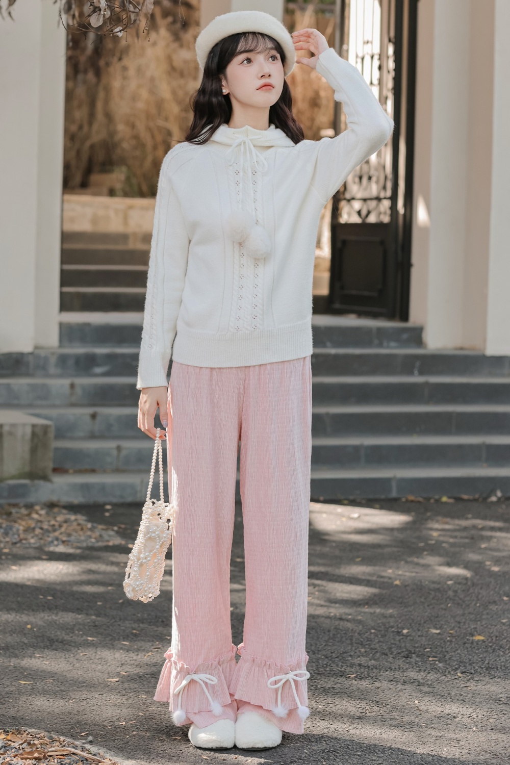 Wood ear straight casual pants lace sweater a set for women